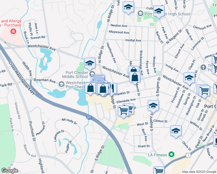 map of restaurants, bars, coffee shops, grocery stores, and more near 101 South Ridge Street in Rye Brook