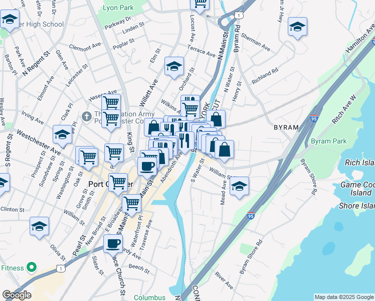 map of restaurants, bars, coffee shops, grocery stores, and more near 1 Mill Street in Port Chester