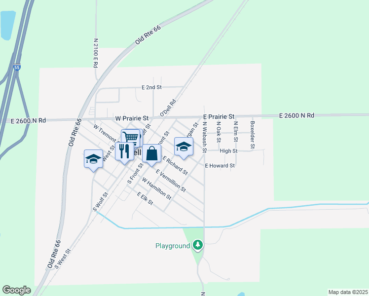 map of restaurants, bars, coffee shops, grocery stores, and more near 300 North Morgan Street in Odell