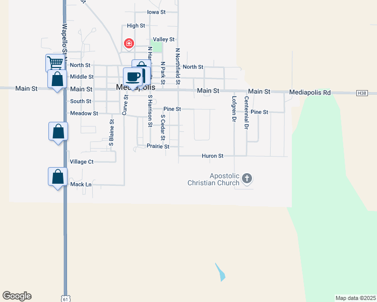 map of restaurants, bars, coffee shops, grocery stores, and more near 905 Huron Street in Mediapolis