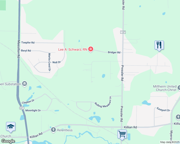map of restaurants, bars, coffee shops, grocery stores, and more near 1834 Orchard Lane in Akron