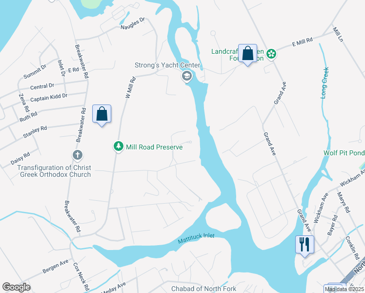 map of restaurants, bars, coffee shops, grocery stores, and more near 340 North Drive in Mattituck
