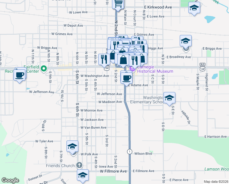 map of restaurants, bars, coffee shops, grocery stores, and more near 351-399 South 2nd Street in Fairfield