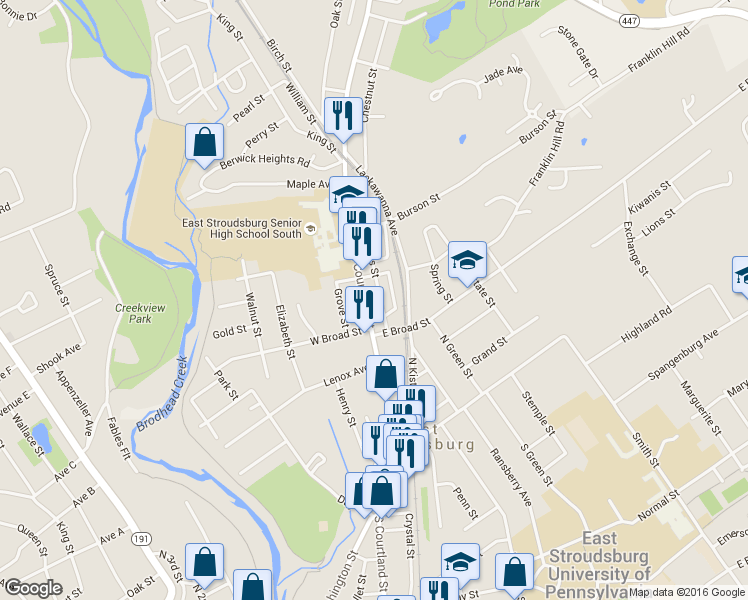 map of restaurants, bars, coffee shops, grocery stores, and more near 186 North Courtland Street in East Stroudsburg