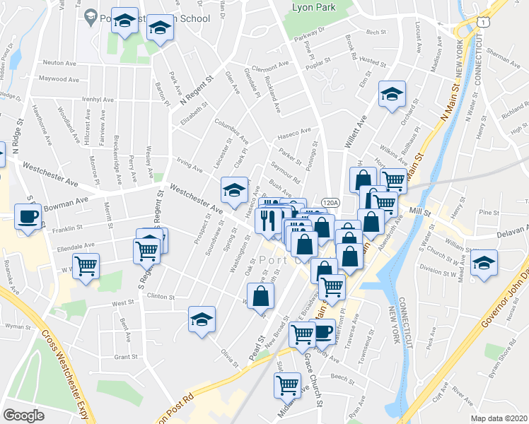 map of restaurants, bars, coffee shops, grocery stores, and more near 52 Washington Mews in Port Chester