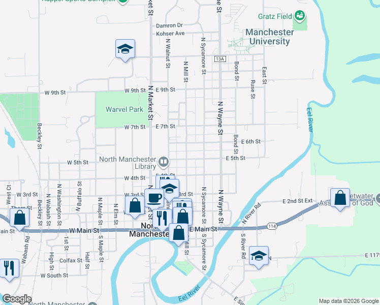 map of restaurants, bars, coffee shops, grocery stores, and more near 503 North Mill Street in North Manchester
