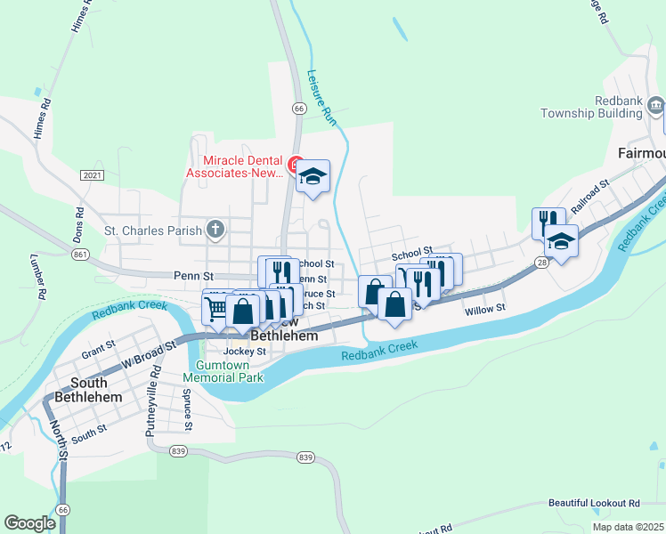 map of restaurants, bars, coffee shops, grocery stores, and more near 406 Vine Street in New Bethlehem