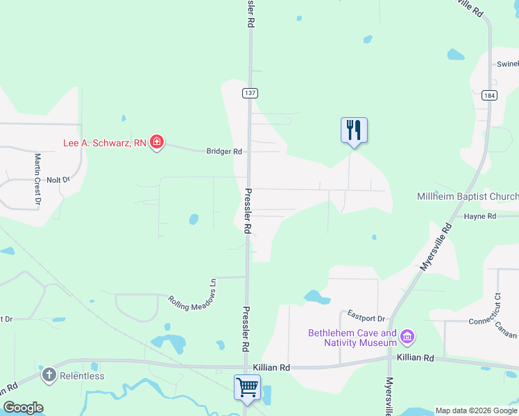 map of restaurants, bars, coffee shops, grocery stores, and more near 2371 Pressler Road in Akron