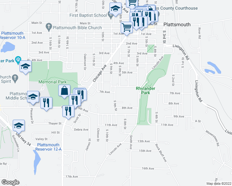 map of restaurants, bars, coffee shops, grocery stores, and more near 741 South 9th Street in Plattsmouth