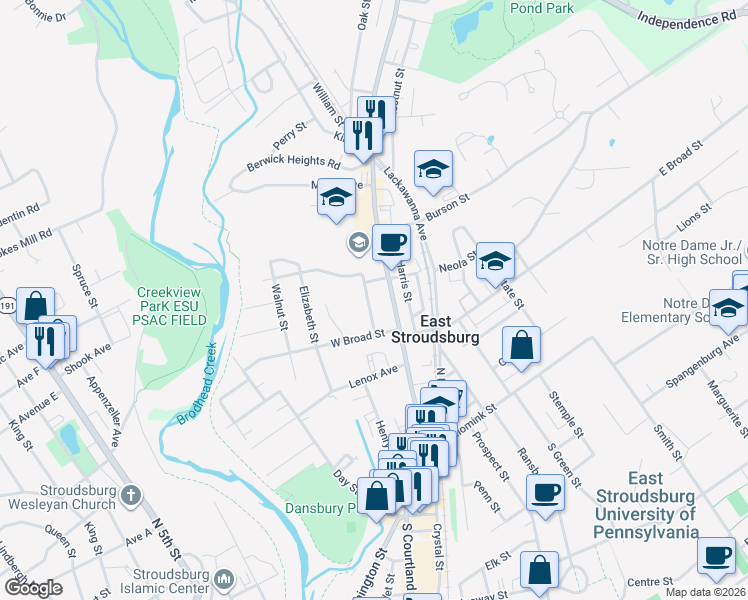 map of restaurants, bars, coffee shops, grocery stores, and more near 190 Grove Street in East Stroudsburg