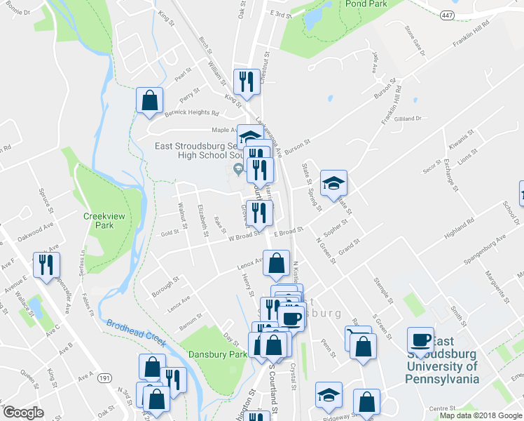 map of restaurants, bars, coffee shops, grocery stores, and more near 179 North Courtland Street in East Stroudsburg