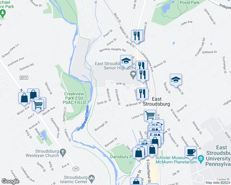 map of restaurants, bars, coffee shops, grocery stores, and more near 187 Elizabeth Street in East Stroudsburg