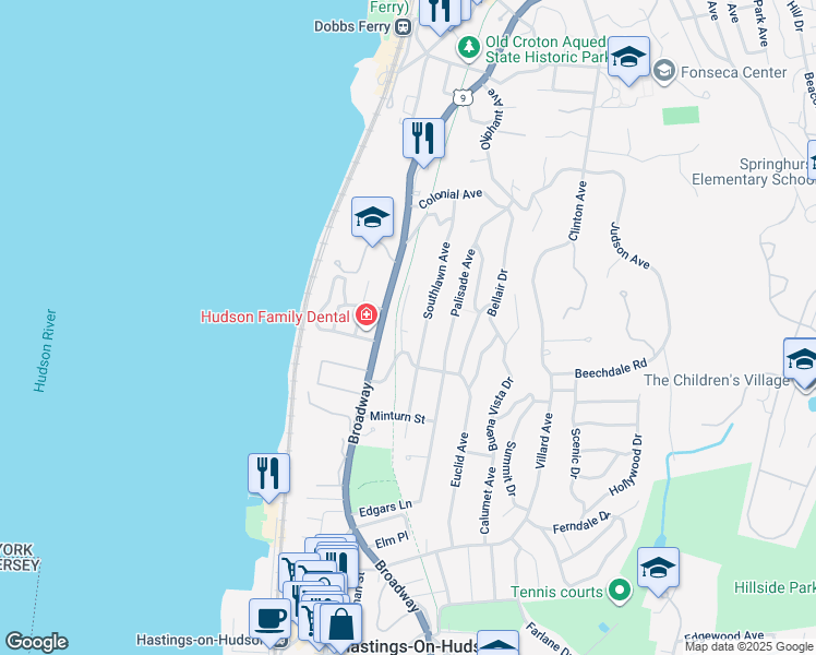 map of restaurants, bars, coffee shops, grocery stores, and more near 18 Parkway Drive in Dobbs Ferry