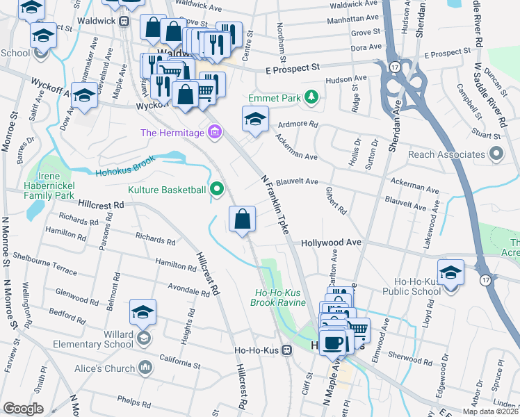 map of restaurants, bars, coffee shops, grocery stores, and more near 4 Garden Court in Ho-Ho-Kus