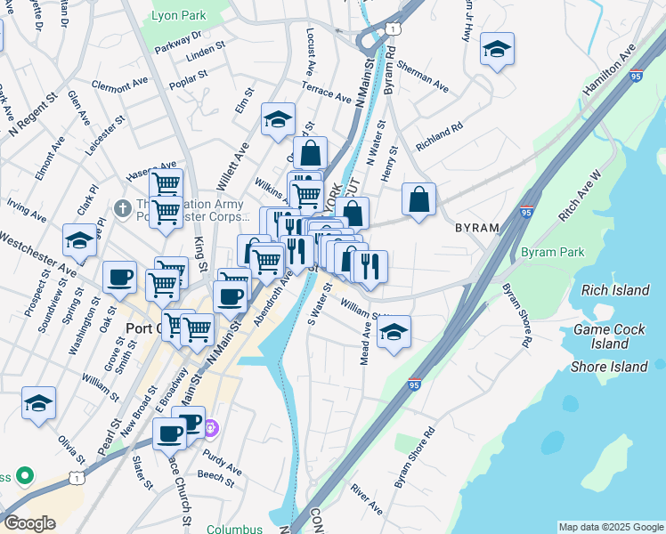 map of restaurants, bars, coffee shops, grocery stores, and more near 6 North Water Street in Greenwich