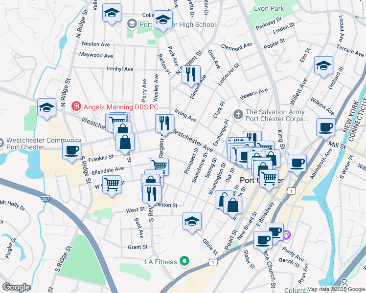 map of restaurants, bars, coffee shops, grocery stores, and more near 370-388 Westchester Avenue in Port Chester