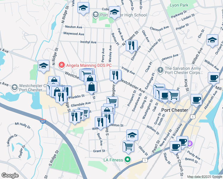 map of restaurants, bars, coffee shops, grocery stores, and more near 419 Franklin Street in Port Chester