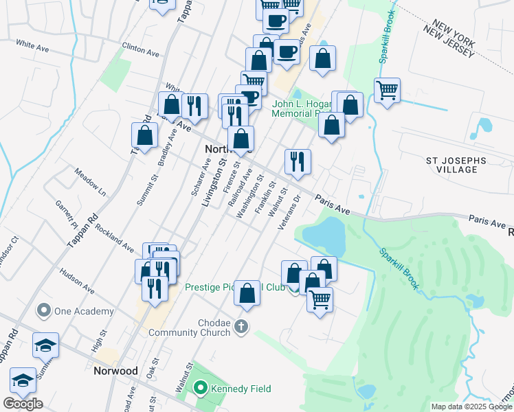 map of restaurants, bars, coffee shops, grocery stores, and more near 184 Franklin Street in Northvale
