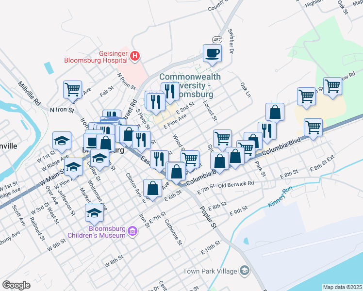 map of restaurants, bars, coffee shops, grocery stores, and more near 512 East 4th Street in Bloomsburg