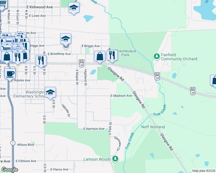 map of restaurants, bars, coffee shops, grocery stores, and more near 1199 E Jefferson Ave in Fairfield
