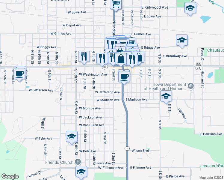 map of restaurants, bars, coffee shops, grocery stores, and more near 351-399 South 2nd Street in Fairfield