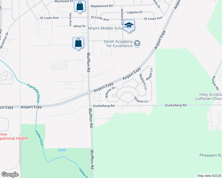 map of restaurants, bars, coffee shops, grocery stores, and more near Willows Drive in Fort Wayne