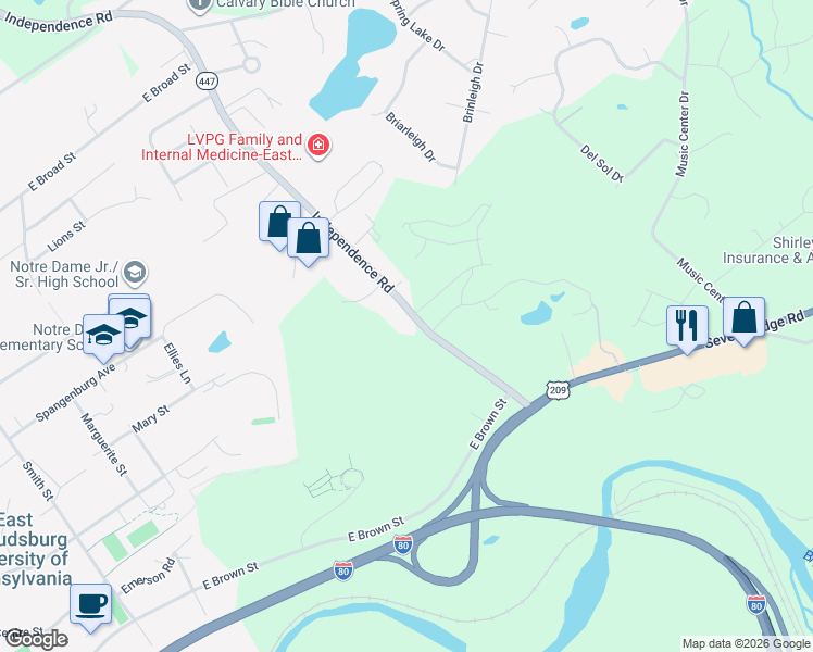 map of restaurants, bars, coffee shops, grocery stores, and more near 524 Independence Road in East Stroudsburg