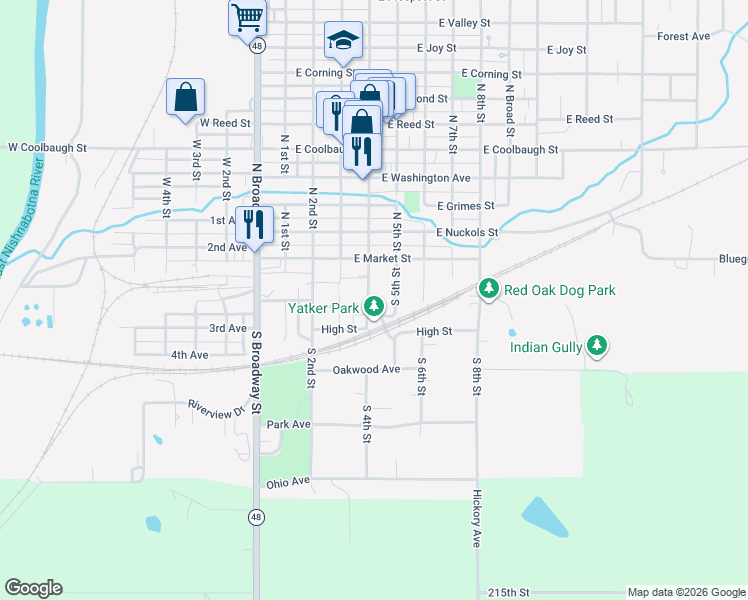 map of restaurants, bars, coffee shops, grocery stores, and more near 110 South 4th Street in Red Oak