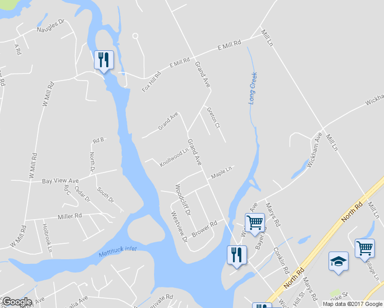 map of restaurants, bars, coffee shops, grocery stores, and more near 55 Knollwood Lane in Mattituck