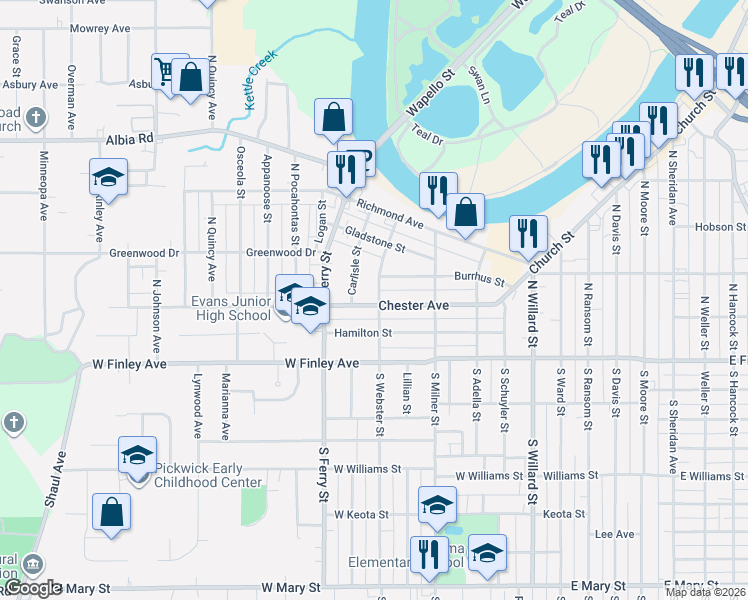 map of restaurants, bars, coffee shops, grocery stores, and more near 601 Chester Avenue in Ottumwa