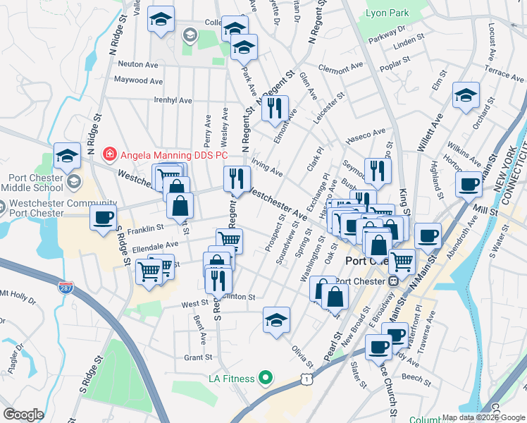 map of restaurants, bars, coffee shops, grocery stores, and more near 370-388 Westchester Avenue in Port Chester
