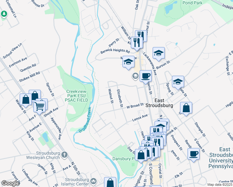 map of restaurants, bars, coffee shops, grocery stores, and more near 187 Elizabeth Street in East Stroudsburg