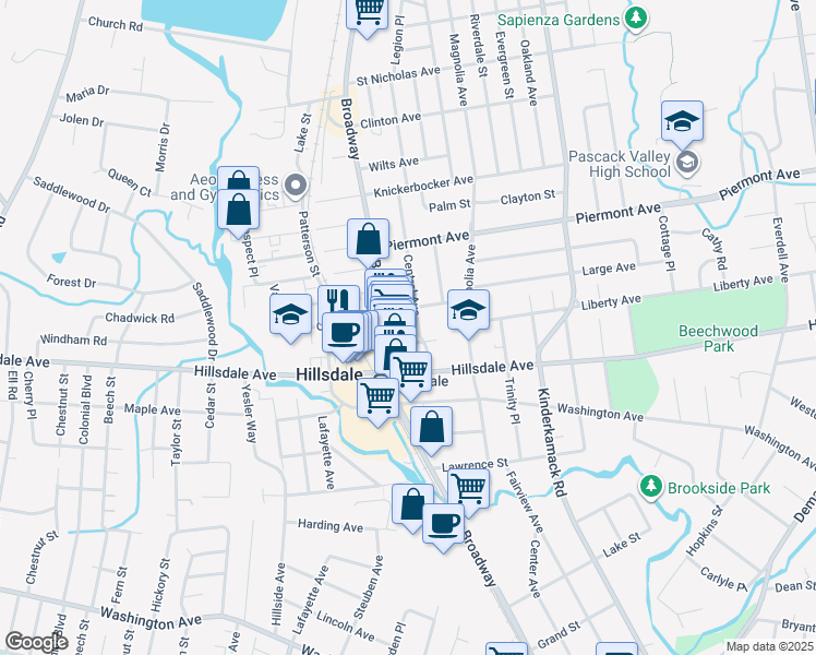 map of restaurants, bars, coffee shops, grocery stores, and more near 35 Central Ave in Hillsdale