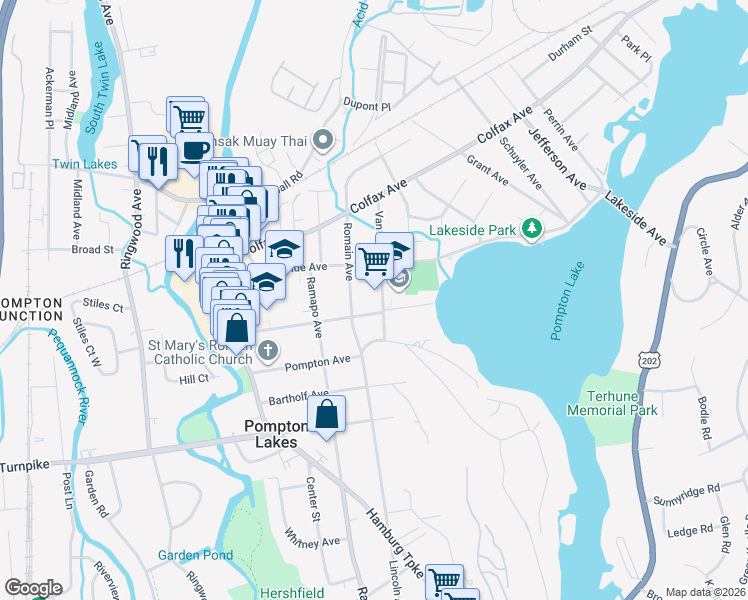 map of restaurants, bars, coffee shops, grocery stores, and more near 301 Van Avenue in Pompton Lakes