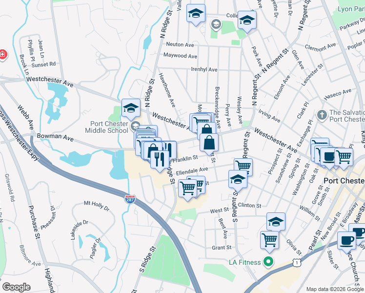 map of restaurants, bars, coffee shops, grocery stores, and more near 66 Bowman Avenue in Rye Brook
