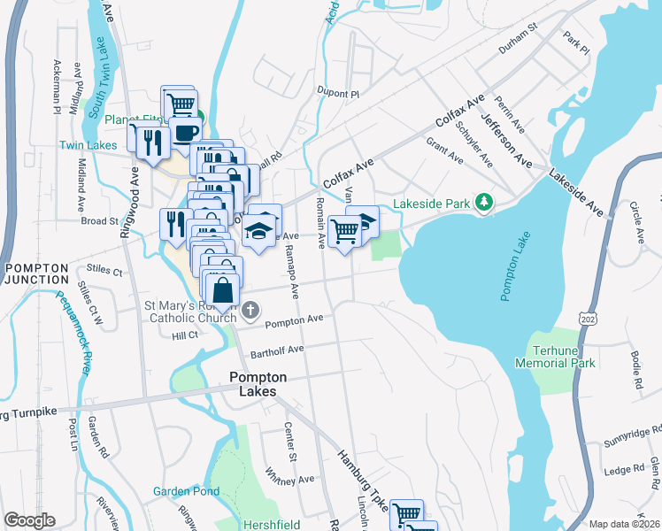 map of restaurants, bars, coffee shops, grocery stores, and more near 233 Romain Avenue in Pompton Lakes