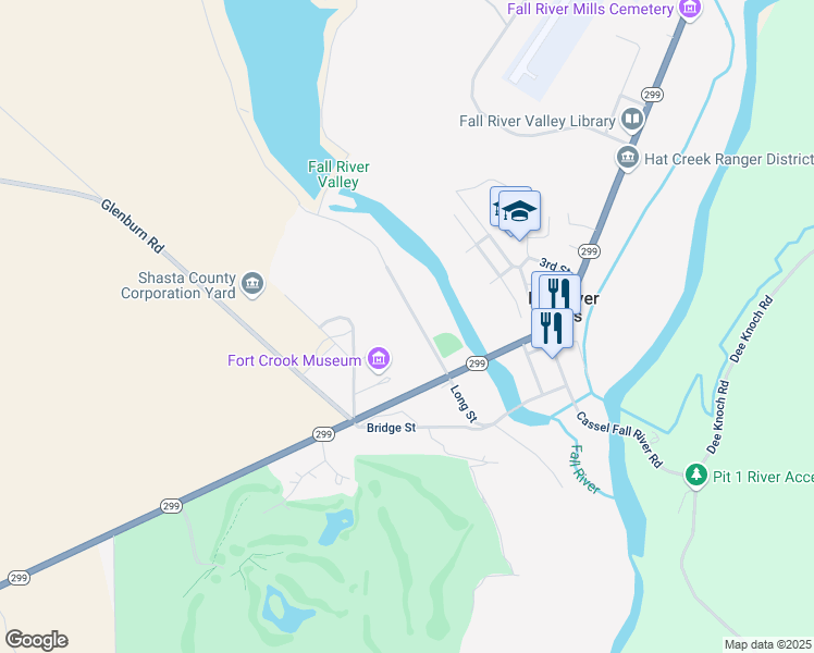 map of restaurants, bars, coffee shops, grocery stores, and more near 24894 Long Street in Fall River Mills