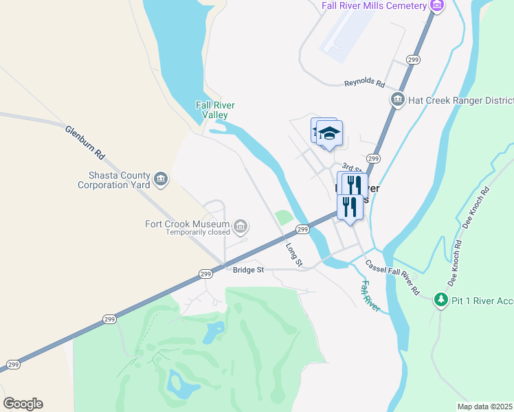 map of restaurants, bars, coffee shops, grocery stores, and more near 24894 Long Street in Fall River Mills