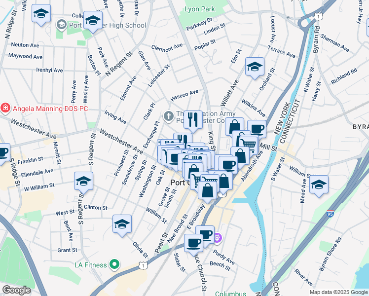 map of restaurants, bars, coffee shops, grocery stores, and more near 44 Poningo Street in Port Chester