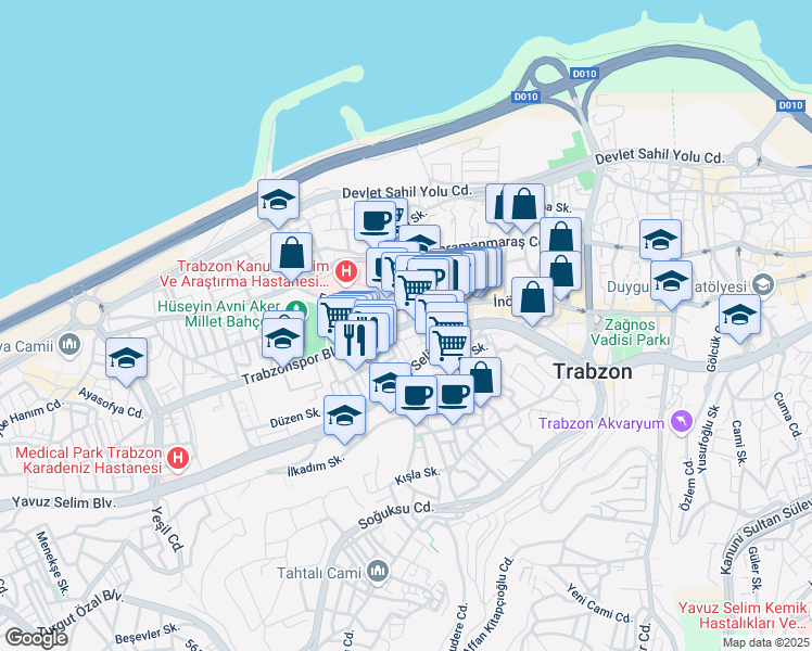 map of restaurants, bars, coffee shops, grocery stores, and more near 125 Trabzonspor Bulvarı (İnönü Cd.) in Trabzon