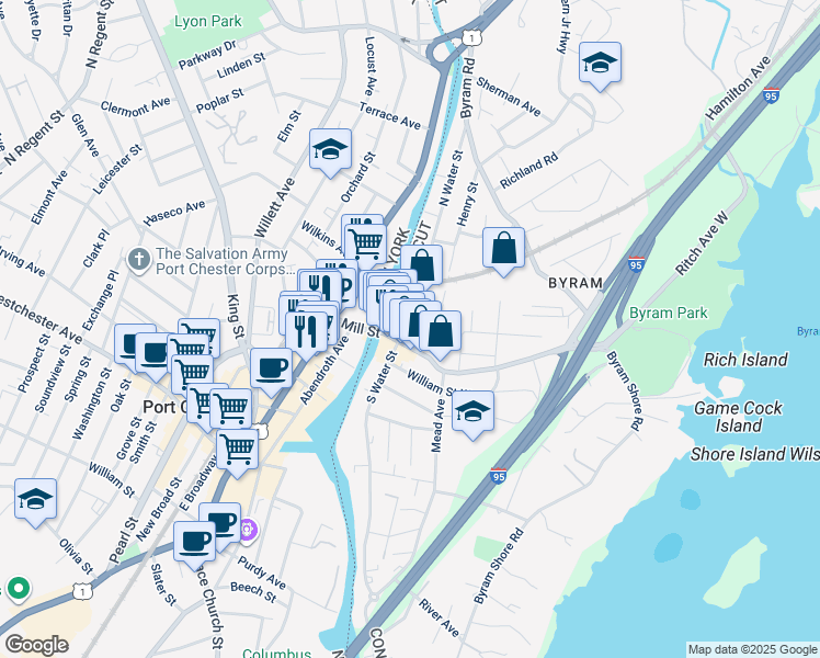 map of restaurants, bars, coffee shops, grocery stores, and more near 6 North Water Street in Greenwich