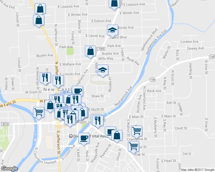 map of restaurants, bars, coffee shops, grocery stores, and more near 309 Rhodes Place in New Castle