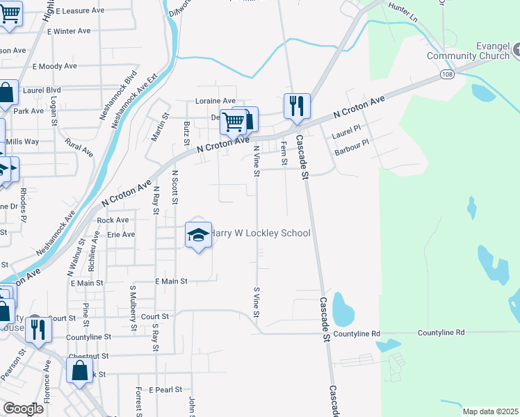 map of restaurants, bars, coffee shops, grocery stores, and more near 232 North Vine Street in New Castle