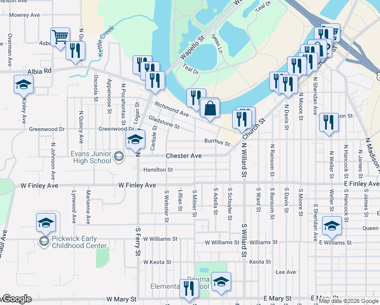map of restaurants, bars, coffee shops, grocery stores, and more near 401-499 Chester Ave in Ottumwa
