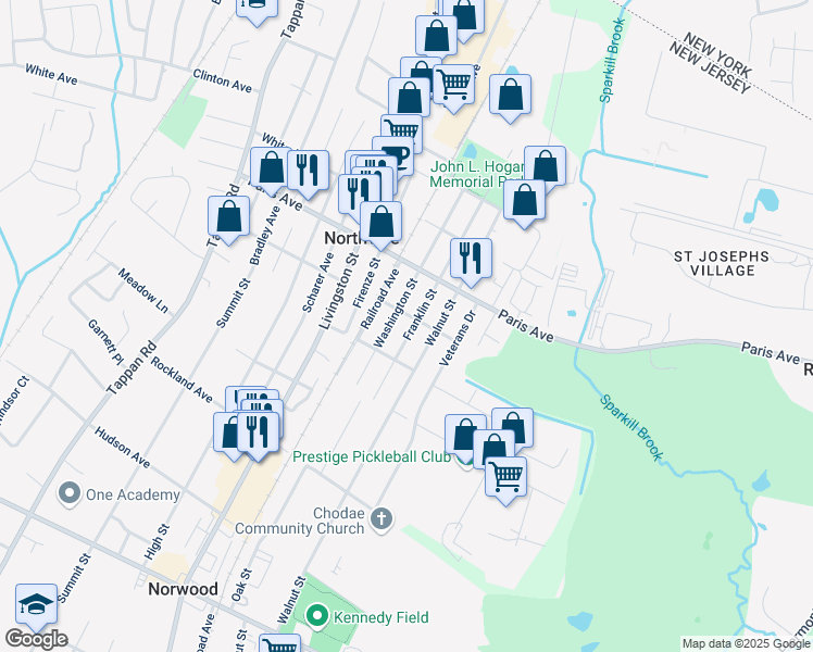 map of restaurants, bars, coffee shops, grocery stores, and more near 183 Franklin Street in Northvale