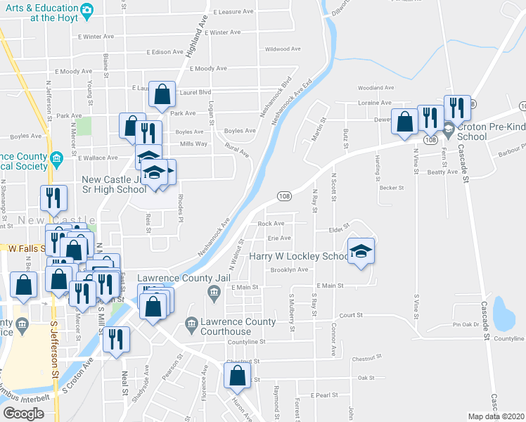 map of restaurants, bars, coffee shops, grocery stores, and more near 608 North Croton Avenue in New Castle