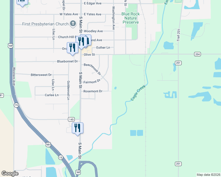 map of restaurants, bars, coffee shops, grocery stores, and more near 240 Rosemont Drive in Findlay