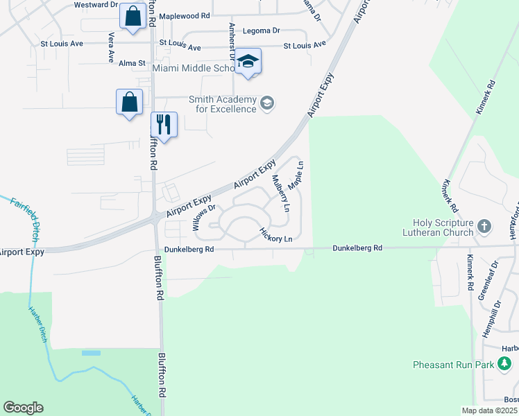 map of restaurants, bars, coffee shops, grocery stores, and more near 2220 Dunkelberg Road in Fort Wayne