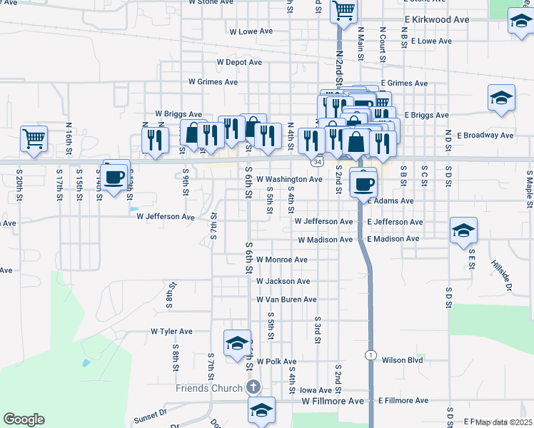 map of restaurants, bars, coffee shops, grocery stores, and more near 340-398 S 5th St in Fairfield