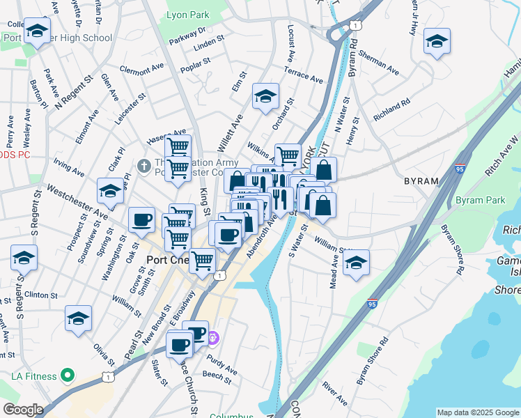 map of restaurants, bars, coffee shops, grocery stores, and more near 172A North Main Street in Port Chester